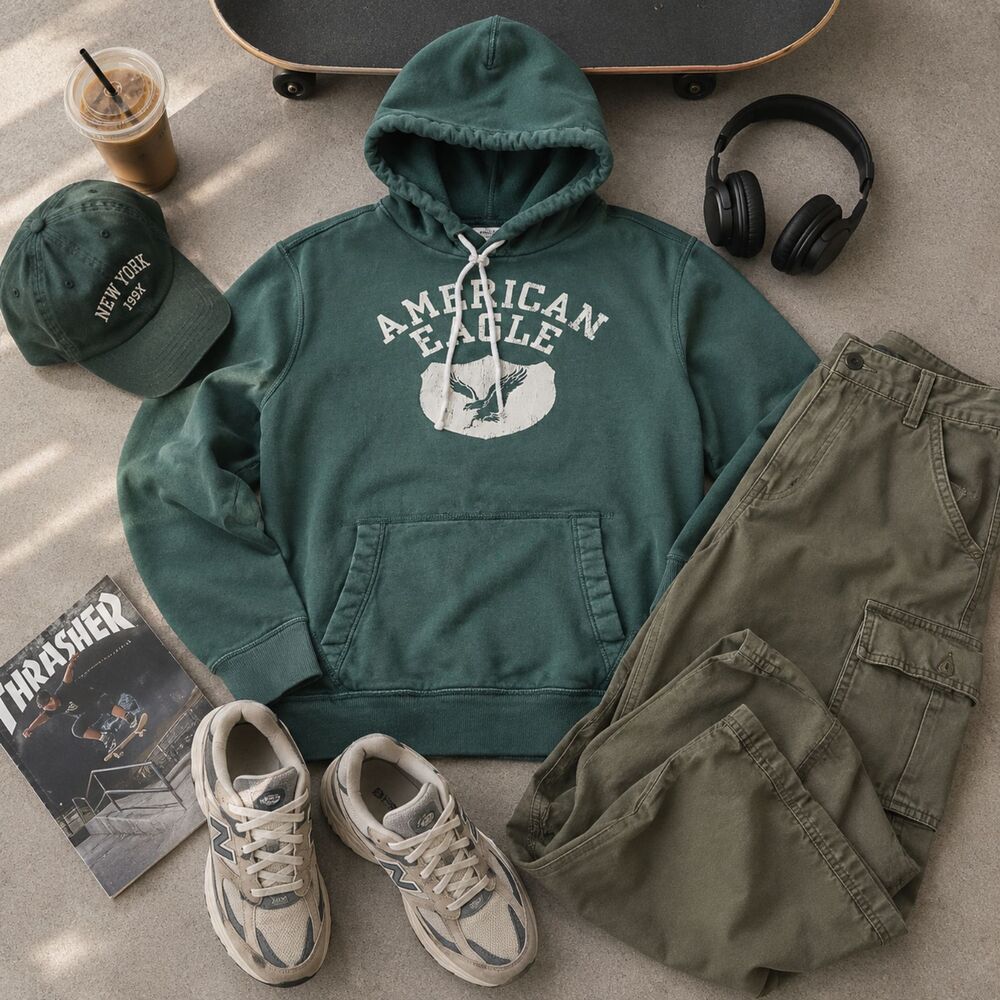 American Eagle Green Vintage Wash Hoodie Small Y2K Streetwear Pullover